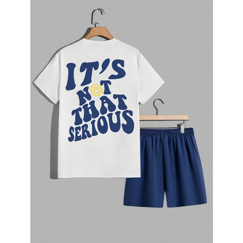 

Twisted letter print T-shirt, men s round neck T-shirt + drawstring shorts 8XL
