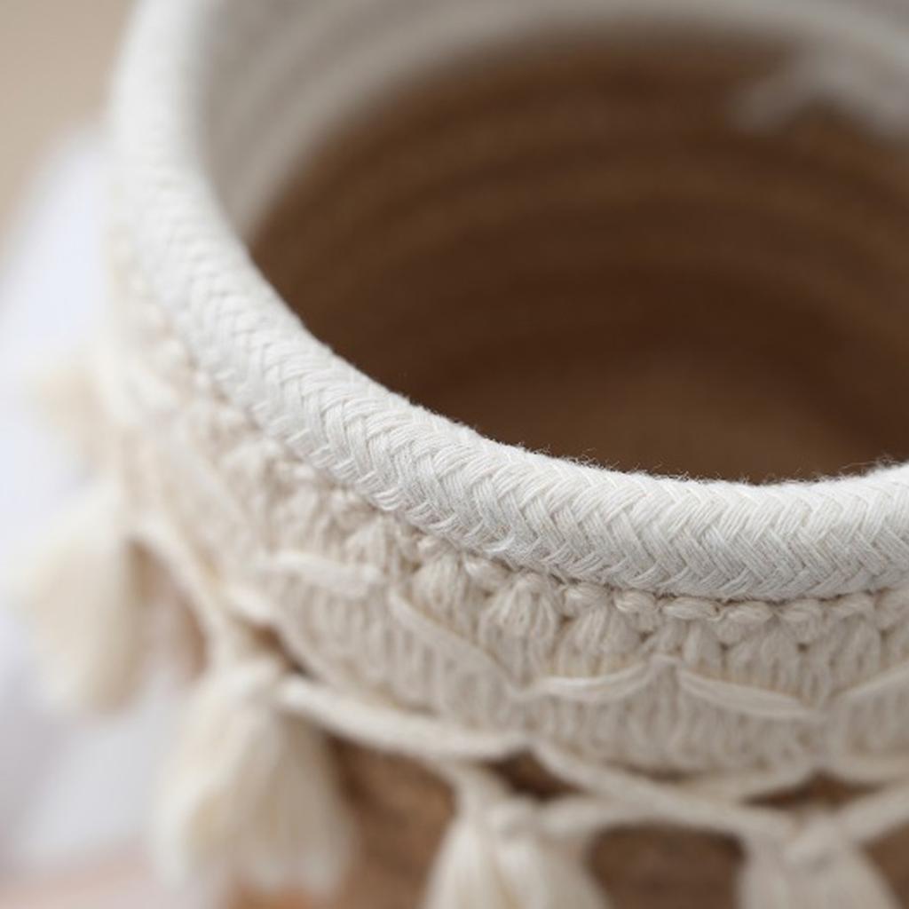 Vintage Khaki Cotton Rope Basket with Tassels Desktop Storage Organizer & Pen Holder for Home