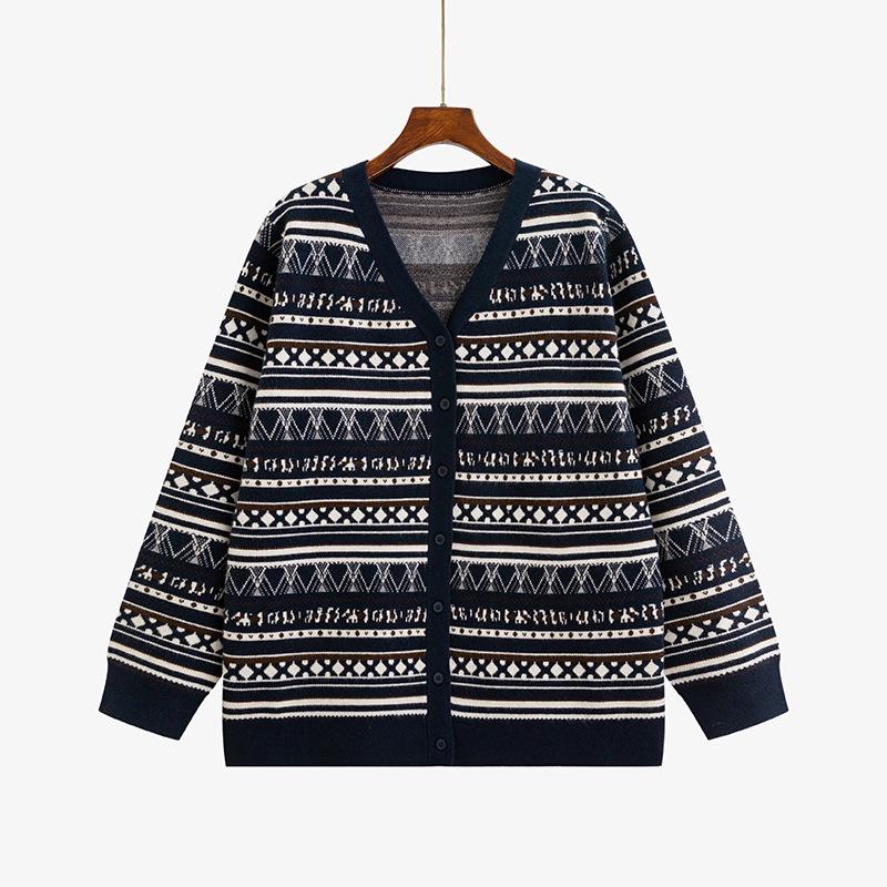 Women's Plus Size Retro Jacquard Knit Cardigan Coat – Loose Casual Winter 2025 Style