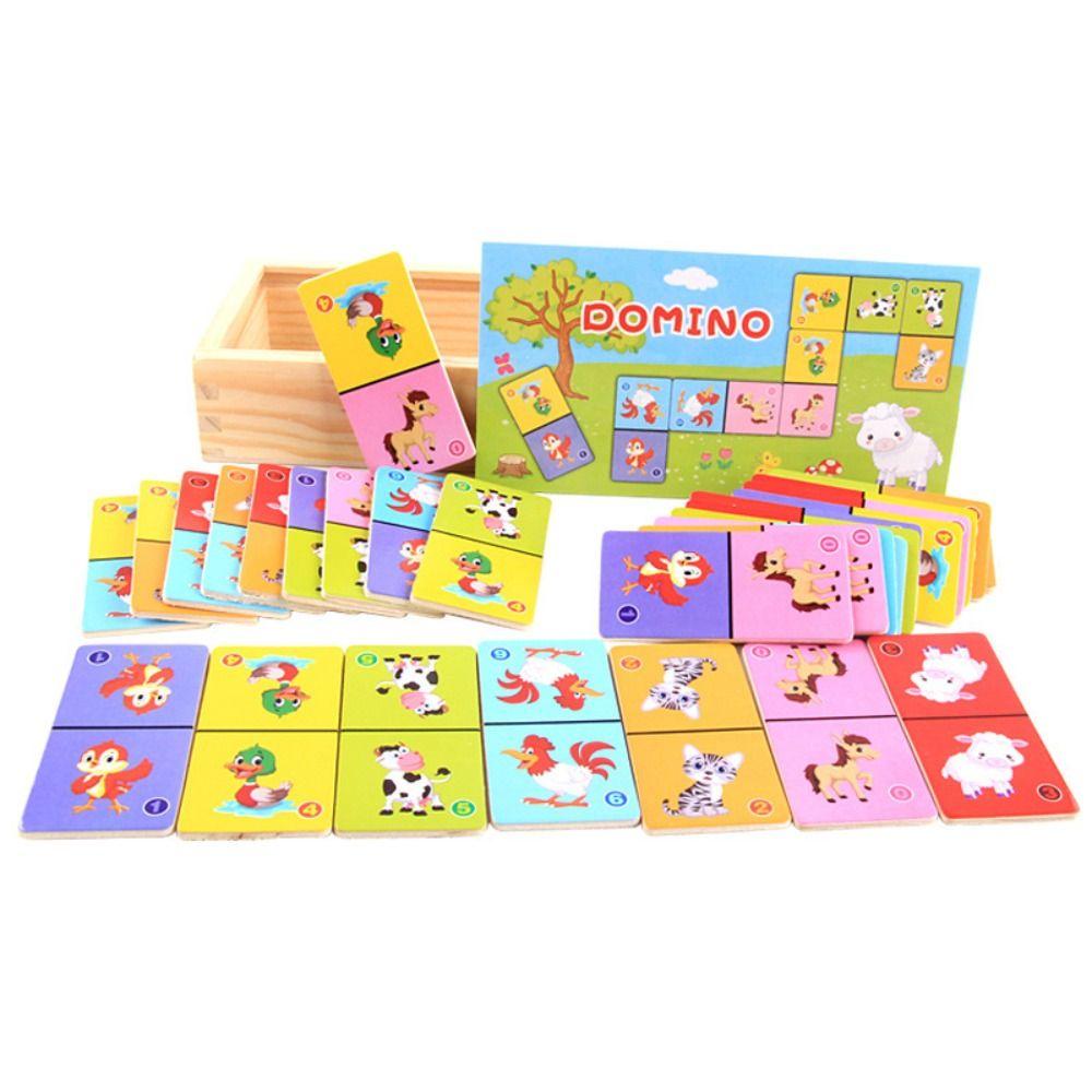 Learning Plaything Animal Domino Puzzle Toy Wooden Wooden Domino Building Blocks Set Tollder
