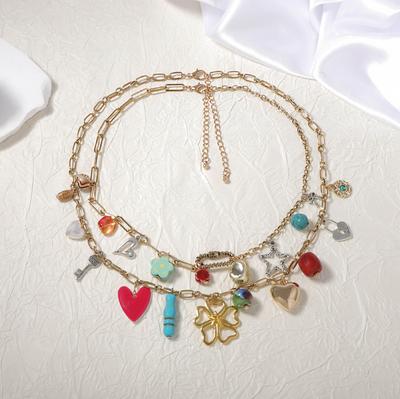 Unique Creative Design Sense Double Layer Stacking Wear a Variety of Alloy Dripping Oil Geometric Love Pendant Chain Necklace