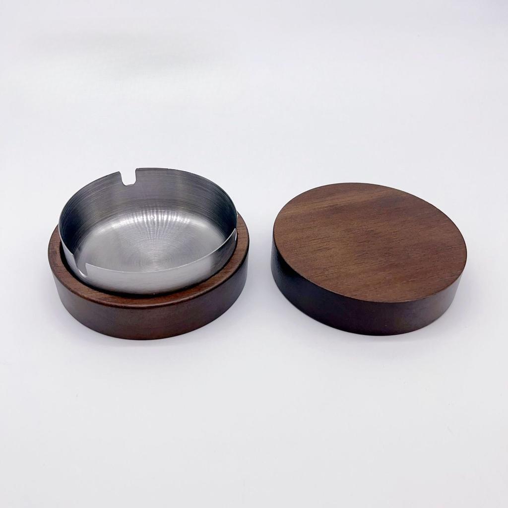 1pc Walnut Wood Ashtrays with Lid Covered Windproof Ashtray Stainless Steel Liner Indoor Outdoor Ash Tray for Home