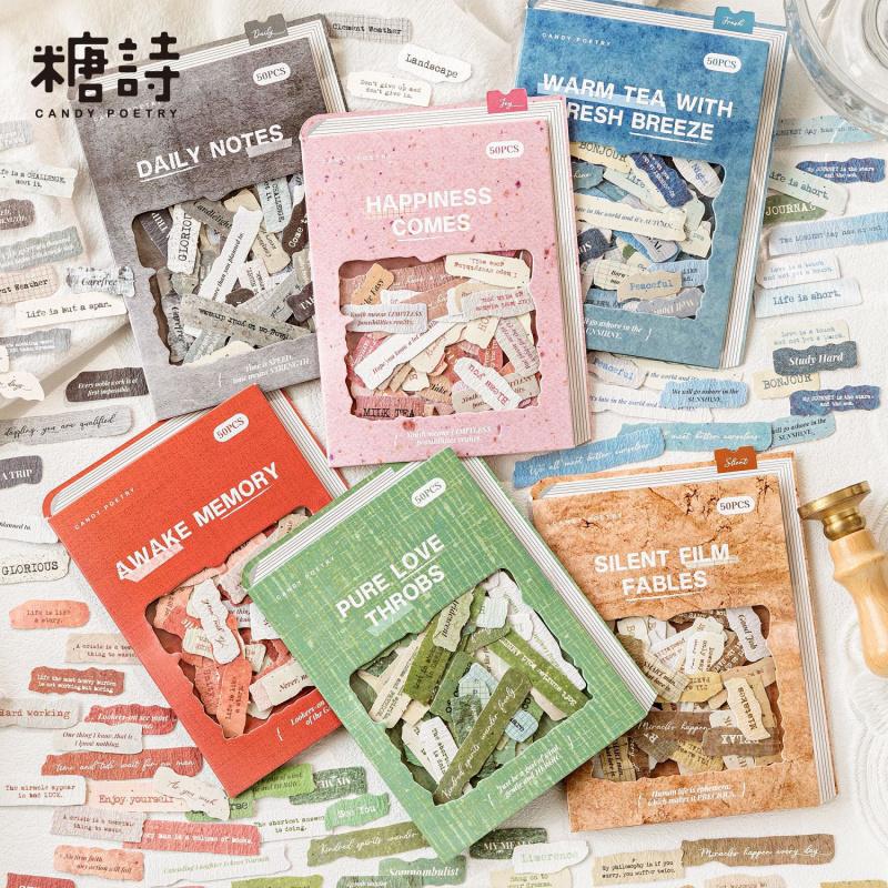 50-Sheet English Note Collage Stickers, Vintage Typography & Mini Paper Scrap Designs, Self-Adhesive for Journal DIY