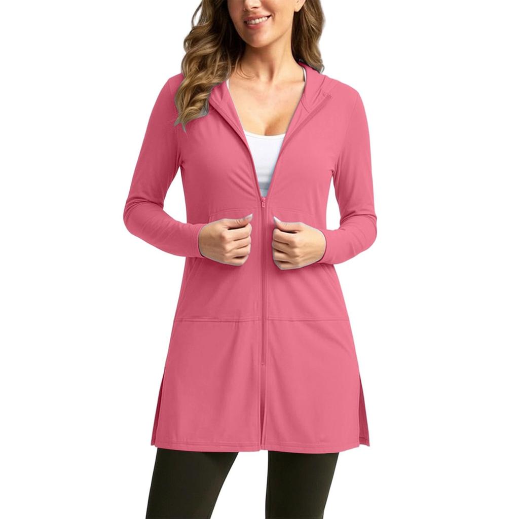 Women Hooded Loose Fit Sun Cardigan Long Sleeve Lightweight Casual Outerwear with Zipper Front Pockets for Daily Wear