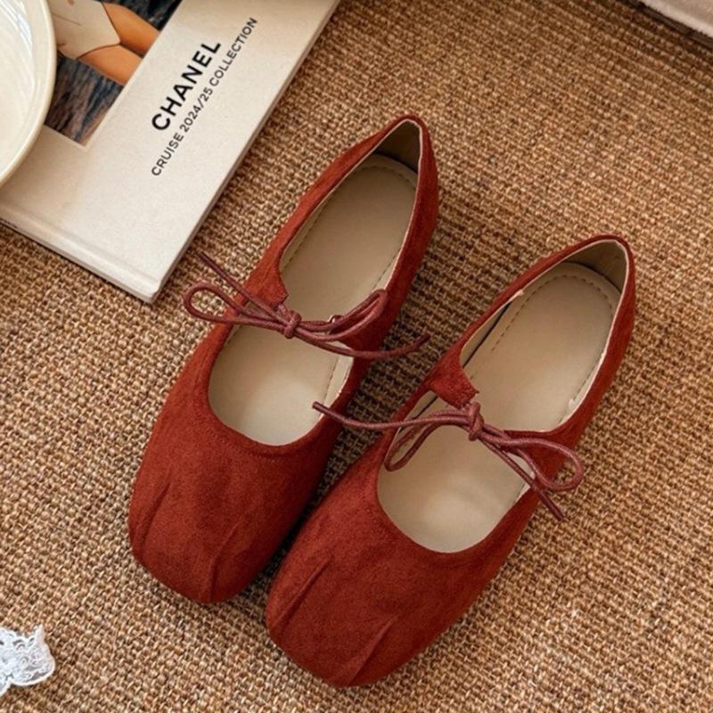 Inner Height Increase 5cm Lace-up Bow Single Shoes Women's Versatile Flat-bottomed Retro Square Head Soft-soled Ballet Shoes