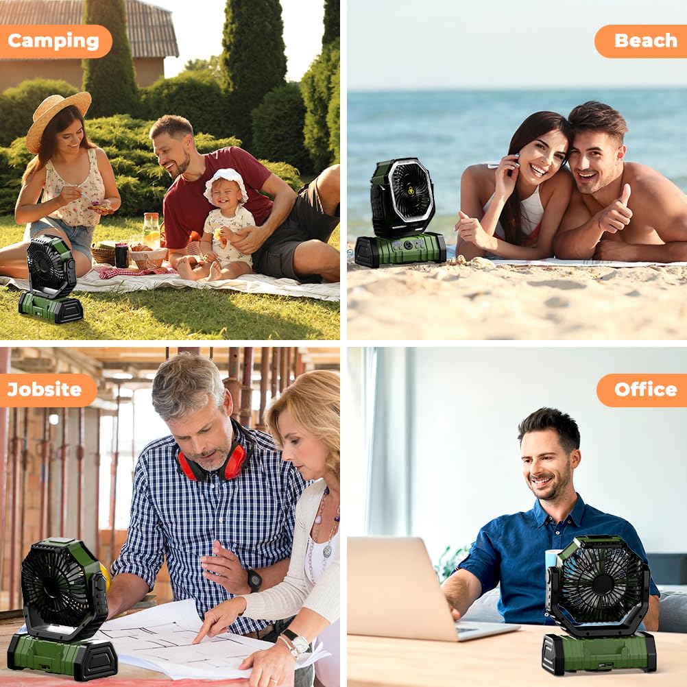 Camping Fan 20000mAh Battery Powered Fan Rechargeable with LED Light Portable Outdoor Tent Fan with Hanging Hook 4 Speeds Wind