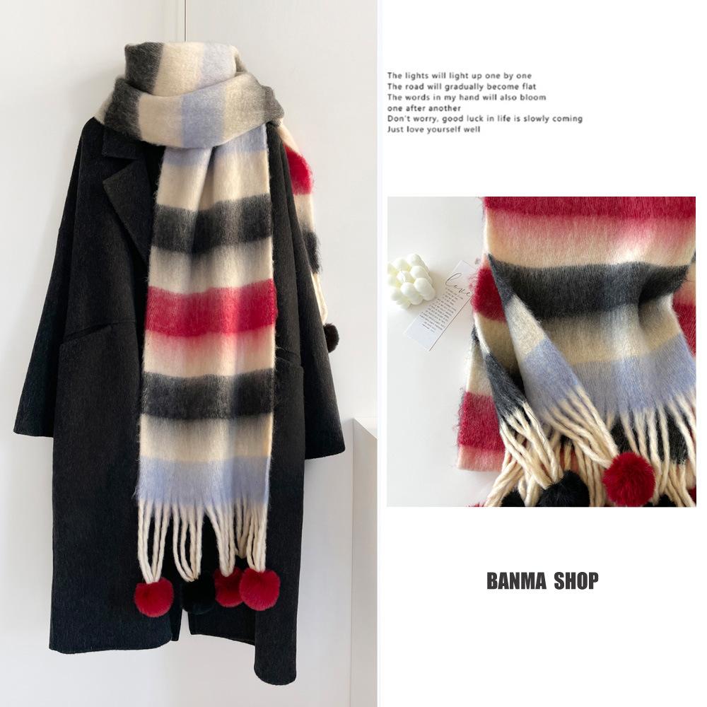 Winter Rainbow Striped Scarf Soft Hanging Hairball Scarf Mohair Thickened Warm Student Cold Scarf Shawl