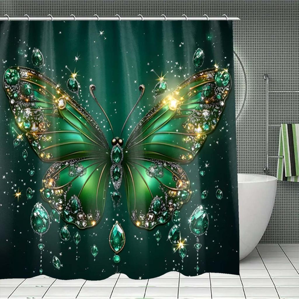 1/4 szt. Luksusowy Zielony Motyl Wodoodporny Zestaw Zasłon Prysznicowych Dekoracyjny Zestaw Łazienkowy Antypoślizgowy Dywanik Pokrowiec na Toaletę Mata do Kąpieli i 12 Haczyków