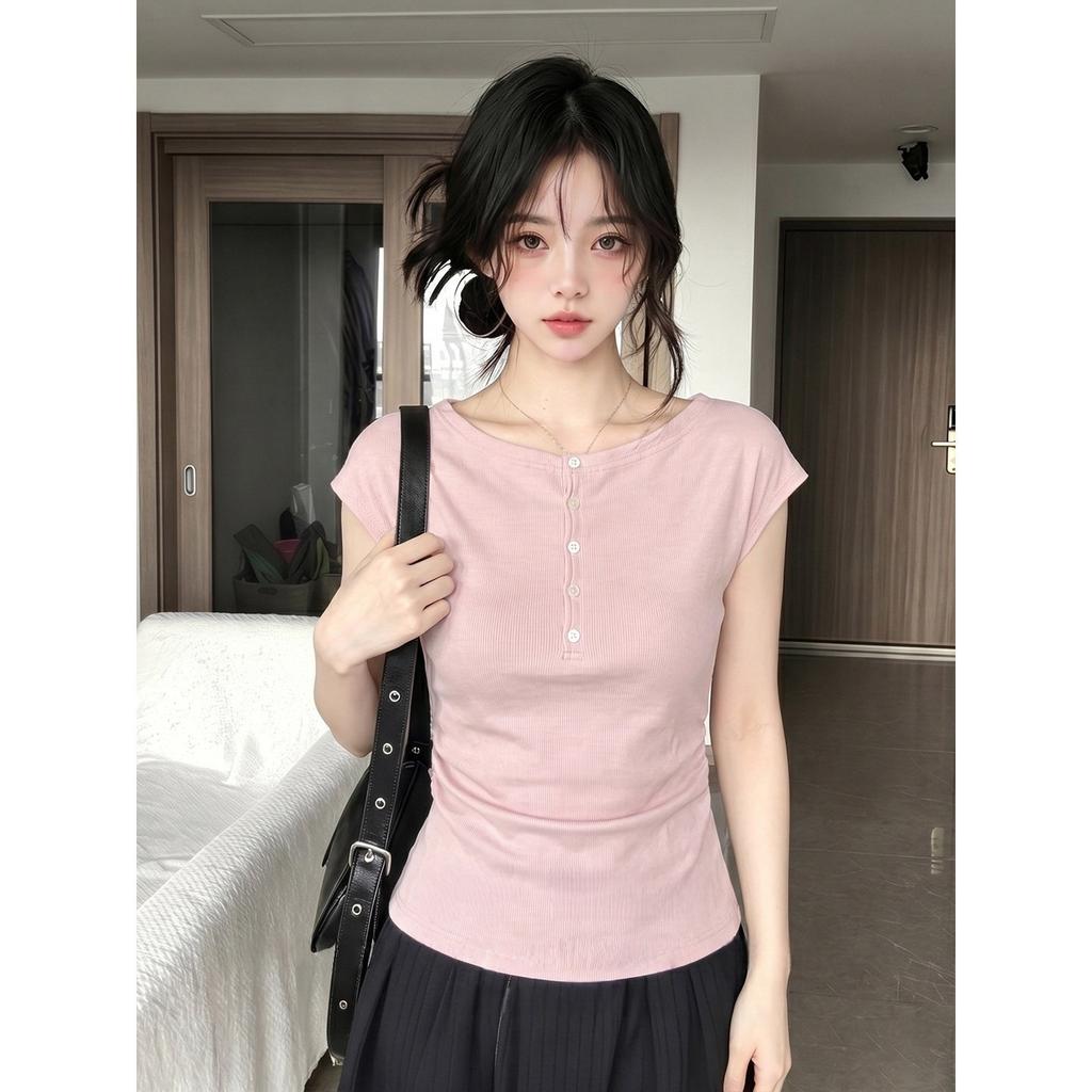 Spice Girl Style One-word Neck Short Sleeve T-Shirt Women's Summer Design Sense Slim Skinny Pleated Waist Pink Versatile Top