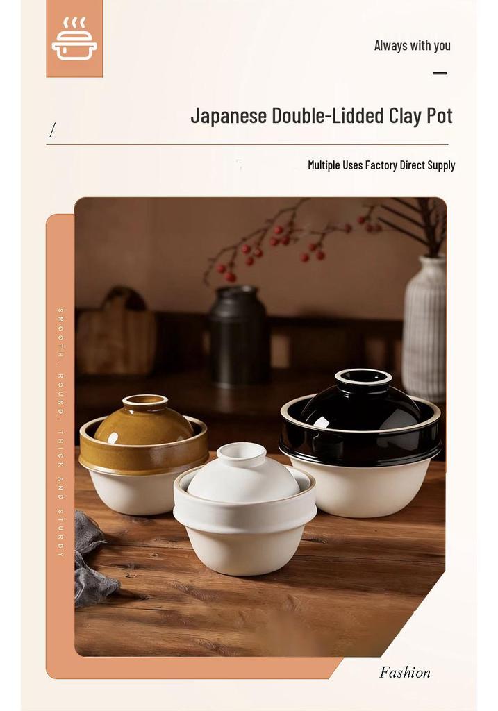 Japanese Earthenware Double-Lidded Pot for Soup, Congee, Claypot Rice - High Temp Resistant, Suitable for Gas Stoves, Dry Firing.