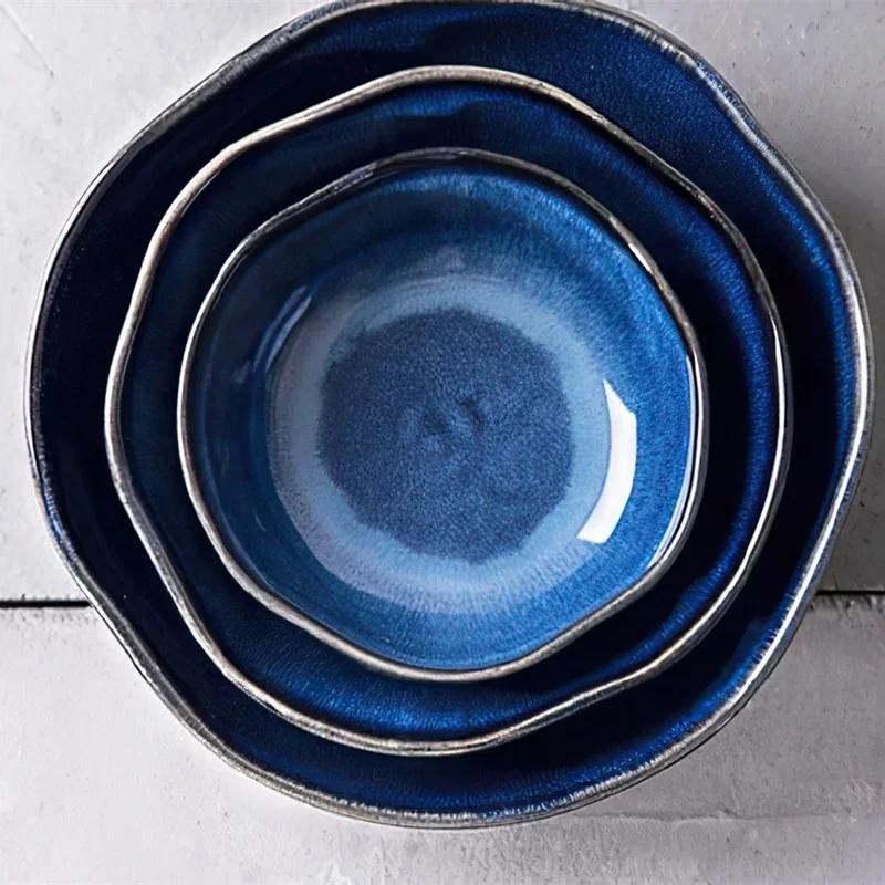 1 Pcs Bone China Bowl Tableware Blue Janpan Rice Soup Dinner Service Retro Ceramic Dinnerware Restaurant Home Kitchen Supplies