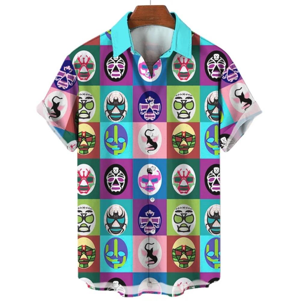 Camisa Vintage para Hombre 3D Lucha Libre Mexicana Estampada Ropa de Alta Calidad para Hombre Holgada Oversize Moda Casual Manga Corta