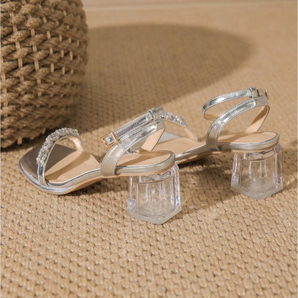 High Heeled Sandals for Women 2025 Summer New French Style Mid Heel Rhinestone Women's Shoes Silver Flat Strap Sandals Women