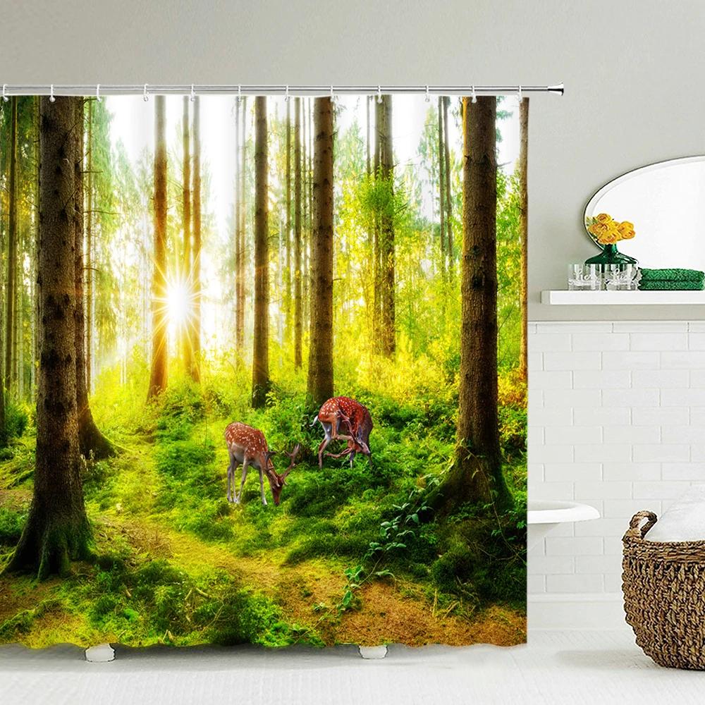 Green Scenery Shower Curtain with Hooks, Waterproof Bathroom Partition, Weighted Bottom Reinforced Eyelets & Easy To Clean