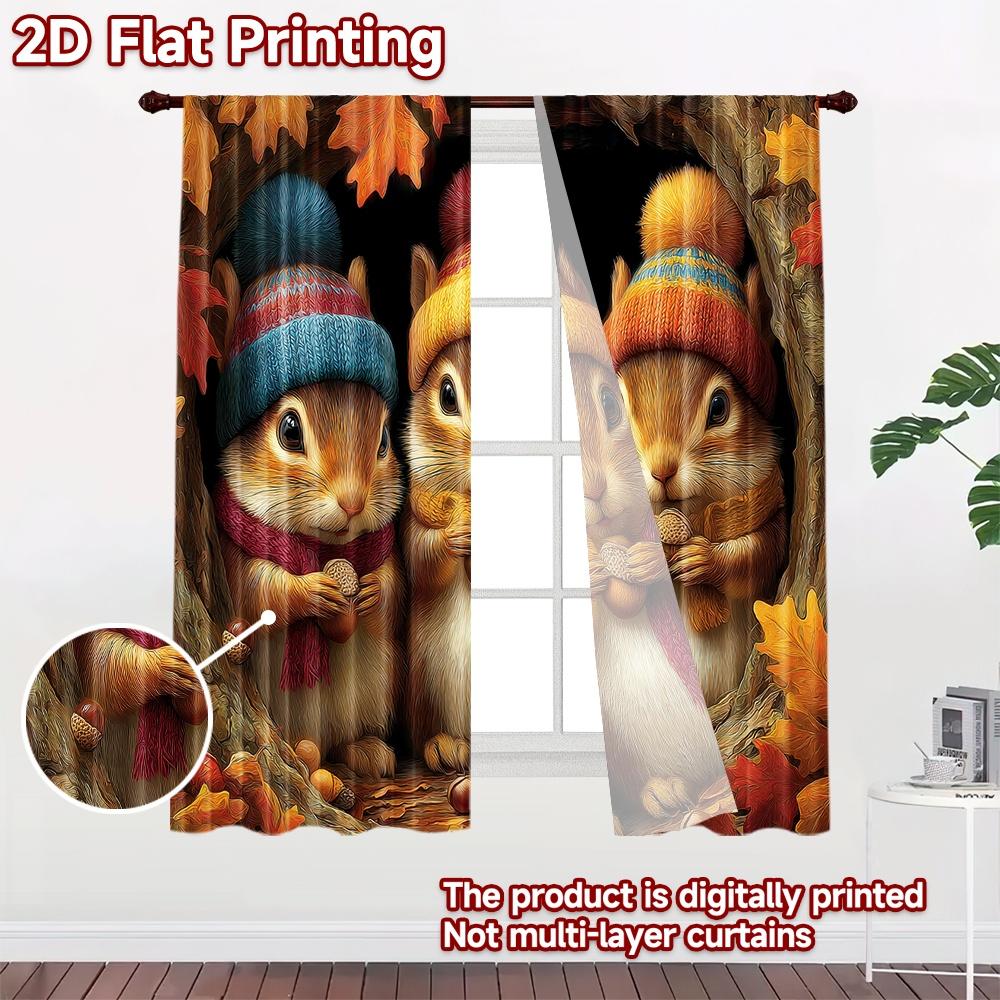 2D Flat Printing 2pcs Party Curtain Cute Squirrels Autumn Cozy Nuts Digital Printed Polyester Drapes Festive Wall Decor for
