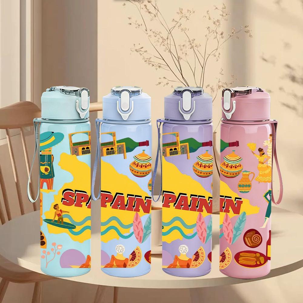 1PC Swan Lake Colorful Fairytale Doodle 750ml Color Plastic Sports Water Bottle Leakproof Flip Straw Lid Suitable for Sports Office Home Use