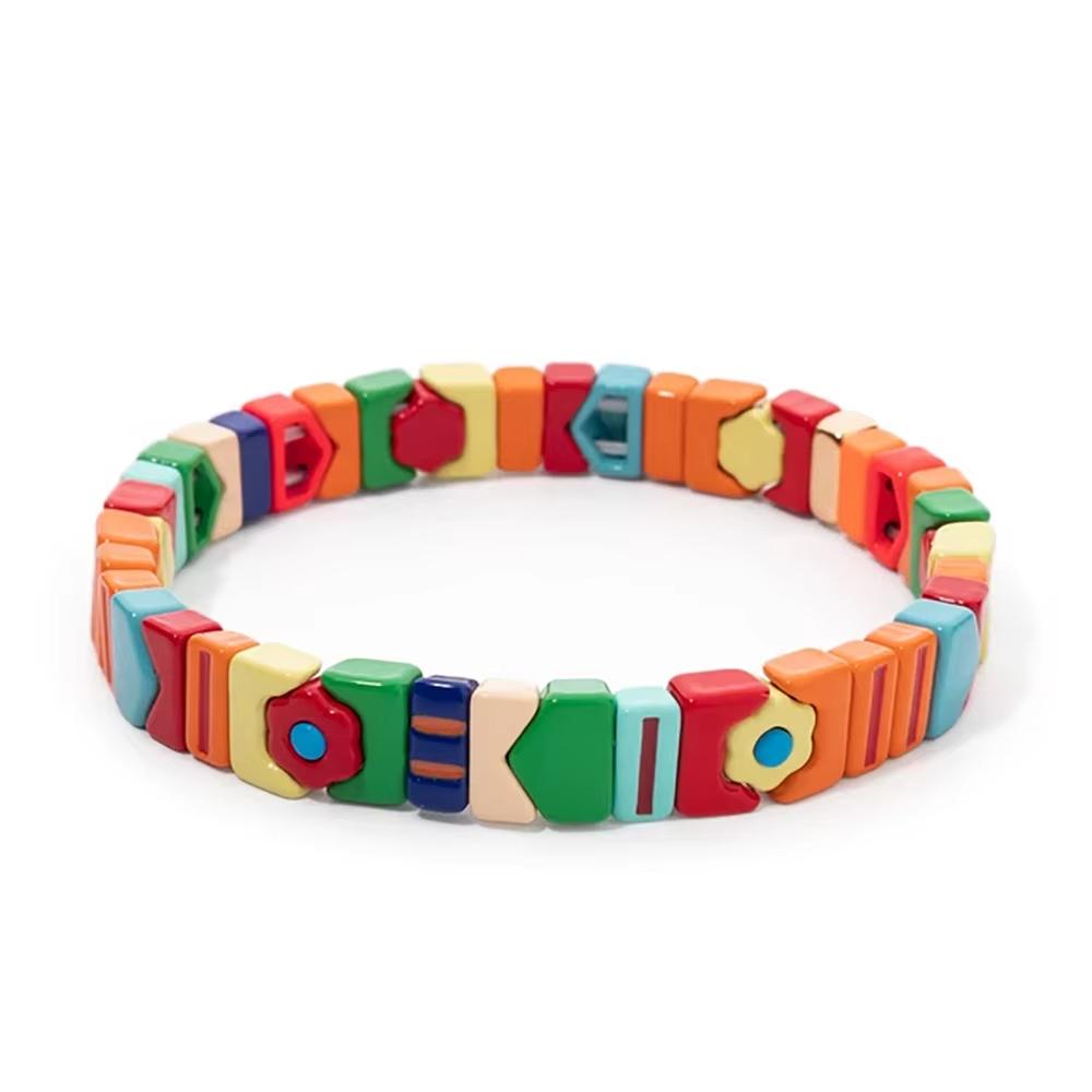 New Fashion Deil Eye Enamel Bangle for Women Colorful Beaded Boho Rectangle Shape Hand Accessory