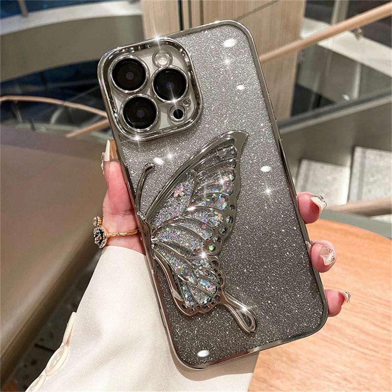 Bling Glitter Cute 3D Butterfly Flowing Quicksand Case For iPhone 16 15 11 12 13 14 Pro Max Gradient Color Soft Plating Cover