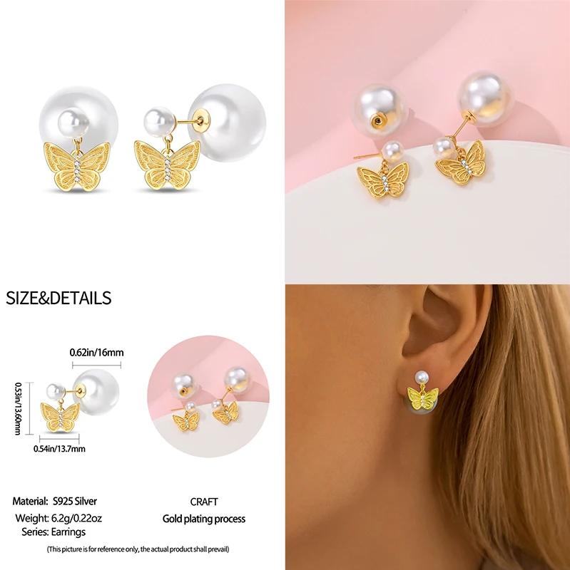 

925 Silver Luxury Golden Conch Starfish Pearl Ear Studs Butterfly Heart Shaped Pendants Pearl Earrings For Women Party Jewelry