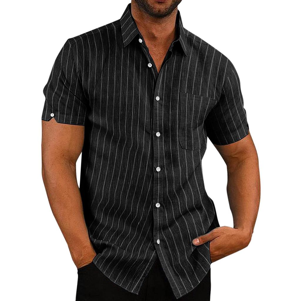 Summer Slit Short Sleeve Striped Shirt Men Plus Size Casual Clothing Mens Lapel Button Up Pocket Loose Shirts