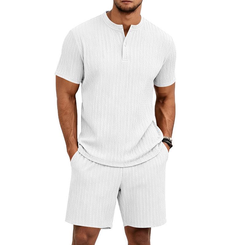 Summer Retro Men's Loose Knit Henley Shirt & Shorts Set
