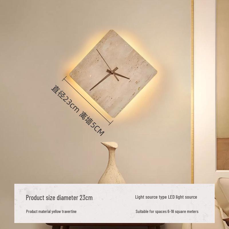 Japanese Wabi-Sabi Yellow Stone Clock & Wall Lamp for Homestay or Hotel Bedroom Corridor