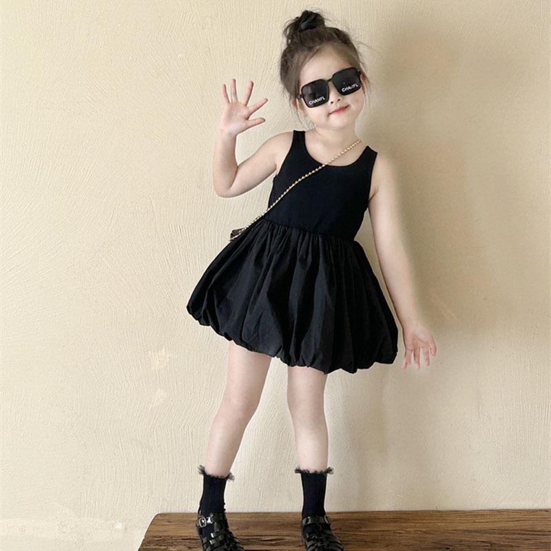Korean Girls Sleeveless Backless Black Dress - Flower Bud Style Puffy Dress for Children