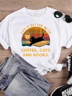 Cat Books Coffee T-shirts Print Summer Graphic Tops Clothing Fashion Shirt Female Women T Shirts Short Sleeves Cartoon Tees