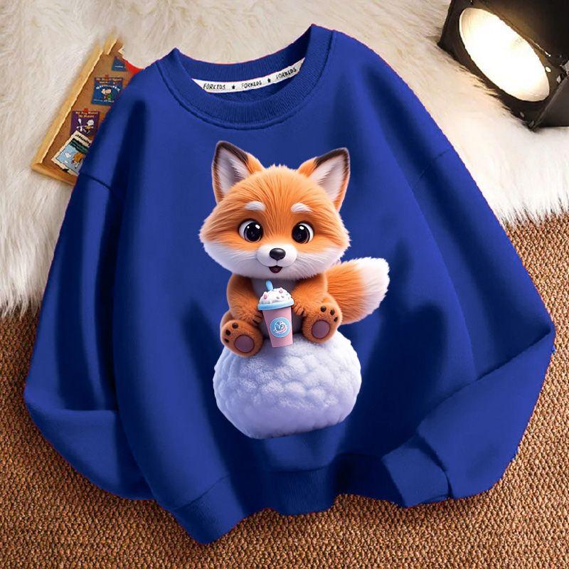 Cute Milk Tea Little Fox Round-neck Hoodie for Children, Fashionable Long-sleeved Casual Hoodie for Boys and Girls in Spring and Autumn