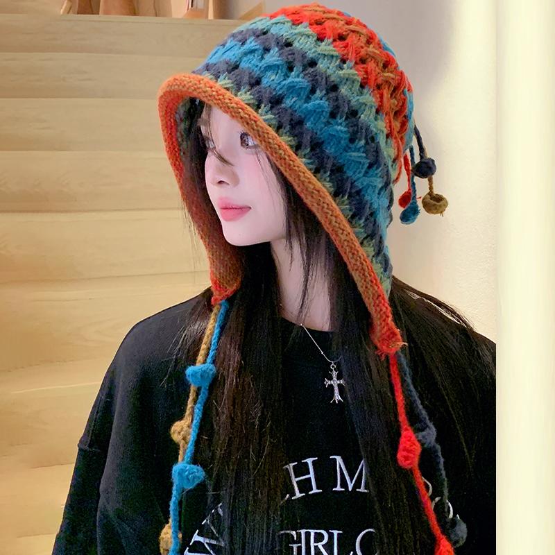 Women'S Baotou Hat Autumn And Winter Colorful Tassel Ball Tie Earmuffs Hollow Knitted Wool Hat