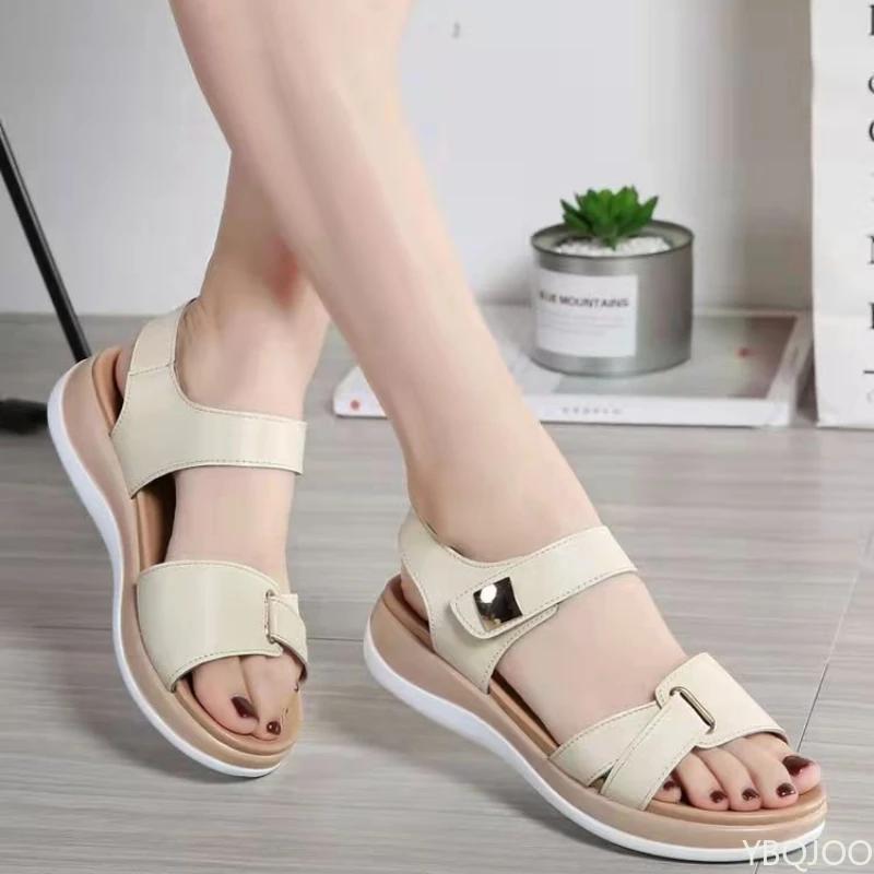 Women Leather Shoes Open Toed Female Flats Sandals Shoes Summer Soft Soled Non Slip Beach Sandals Large Size Zapatos Mujer