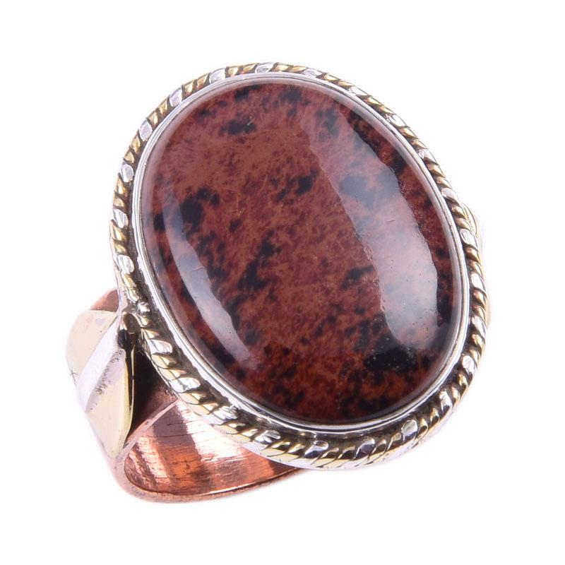 Pierre Précieuse Obsidienne Acajou Naturelle Argent Sterling 925 Bicolore Bague Taille 7 E8p34