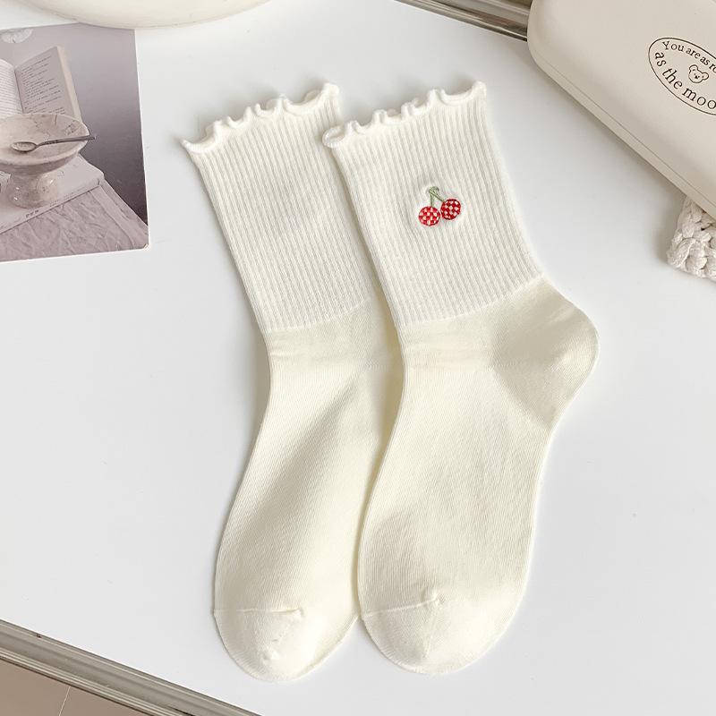 Female Spring and Autumn Solid Color Lace Strawberry Embroidery Boneless Tube Cotton Socks