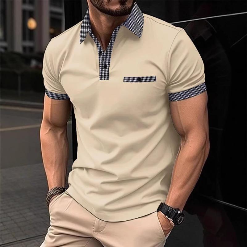 

Men s White Houndstooth Trim Pocket Short Sleeve Summer Polo Shirt S хакі