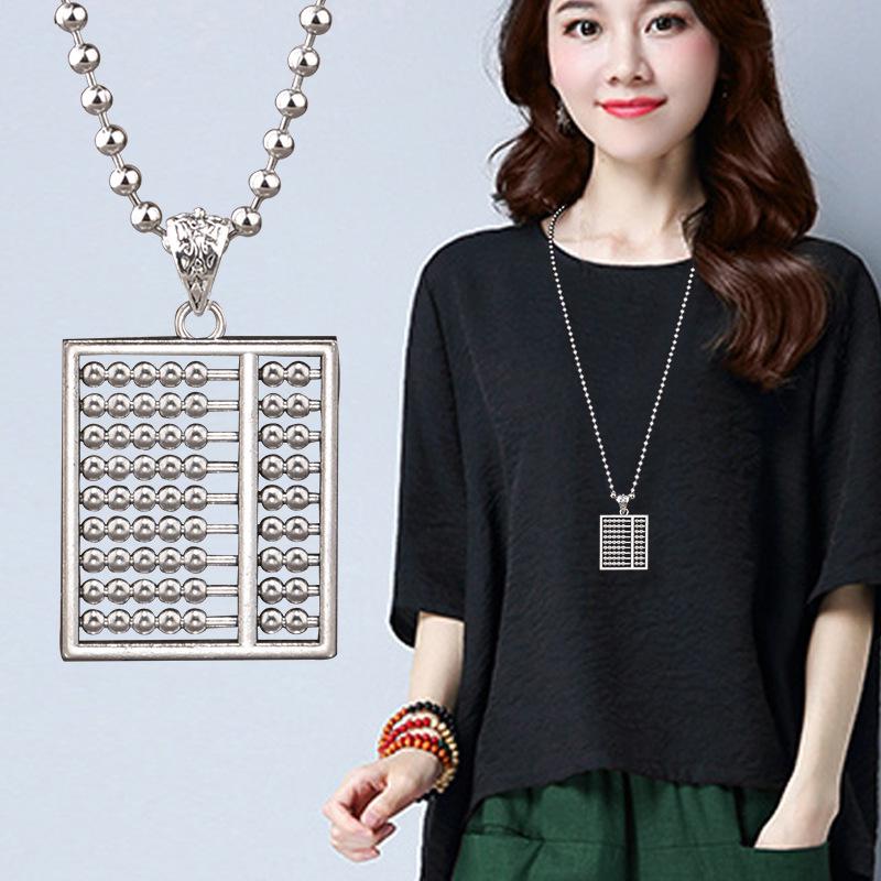 Retro Tibetan Silver Abacus Necklace for Women - Long, Versatile Sweater Chain Pendant, Ethnic Style Charm, Perfect for Autumn/Winter Attire.