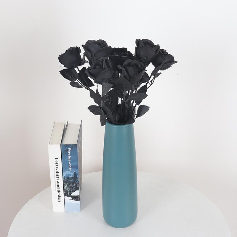 Schwarze Magie Künstliche Rose Einzelstiel Halloween Dekoration Kunstblume, 3 Stück