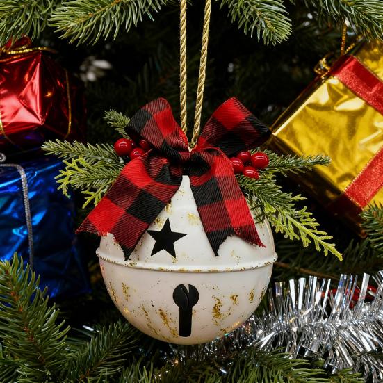 Christmas Bells Ornament Rustic Christmas Jingle Bell with Pine Needles Red Berries And Plaid Bow for DIY Holiday Door Window Tree Wreath Garland