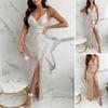 Lady Slip Dress V Neck Spaghetti Strap Backless Back Strapp Dress Zipper Closure Side Slit Sequin High Waist Maxi Dress for Wedding Birthday Party
