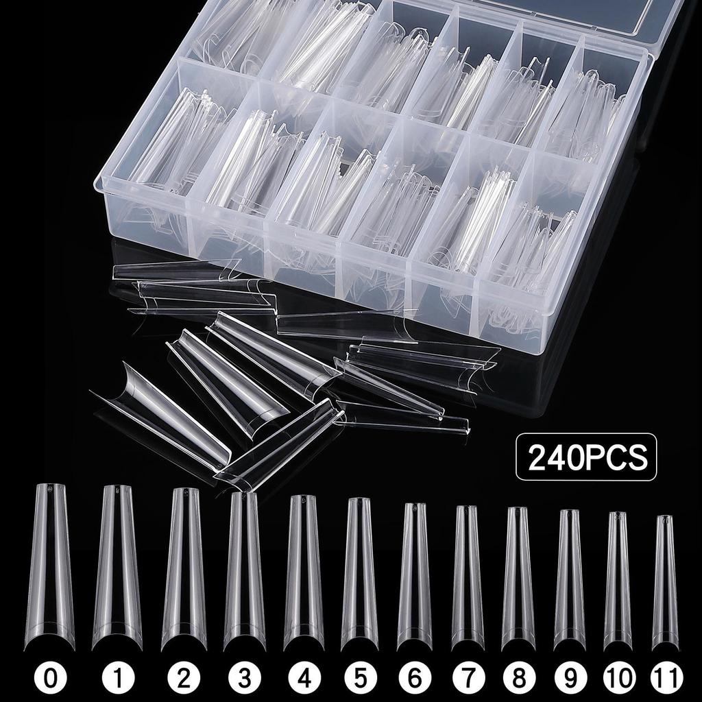 Long Denim Flat-Top French Nail Tips - 240 Pieces | Thin False Nail Supplies for Beauty and Pet Grooming