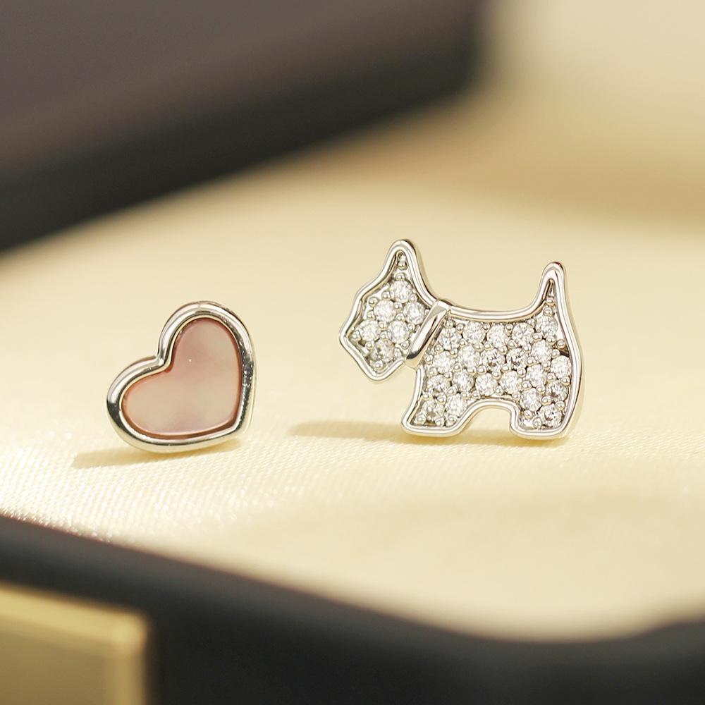 High-end cute stone-studded puppy stud earrings natural fritillary love asymmetric earrings 925 silver needle earrings women s серебряный