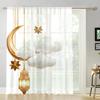 Single Panel White Background Gold Border Starry Moon Lantern Curtain Ramadan Festival Style Living Room Bedroom Translucent Polyester Ideal For