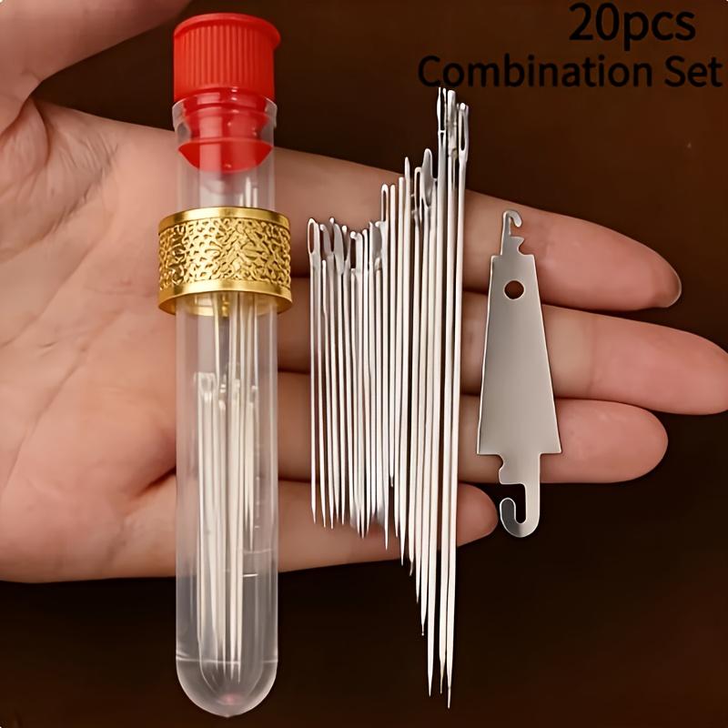 20pcs Top Needle Threader Set Box Big Eye Hand Sewing Needle Set (Red and Blue Tube Random Colors)
