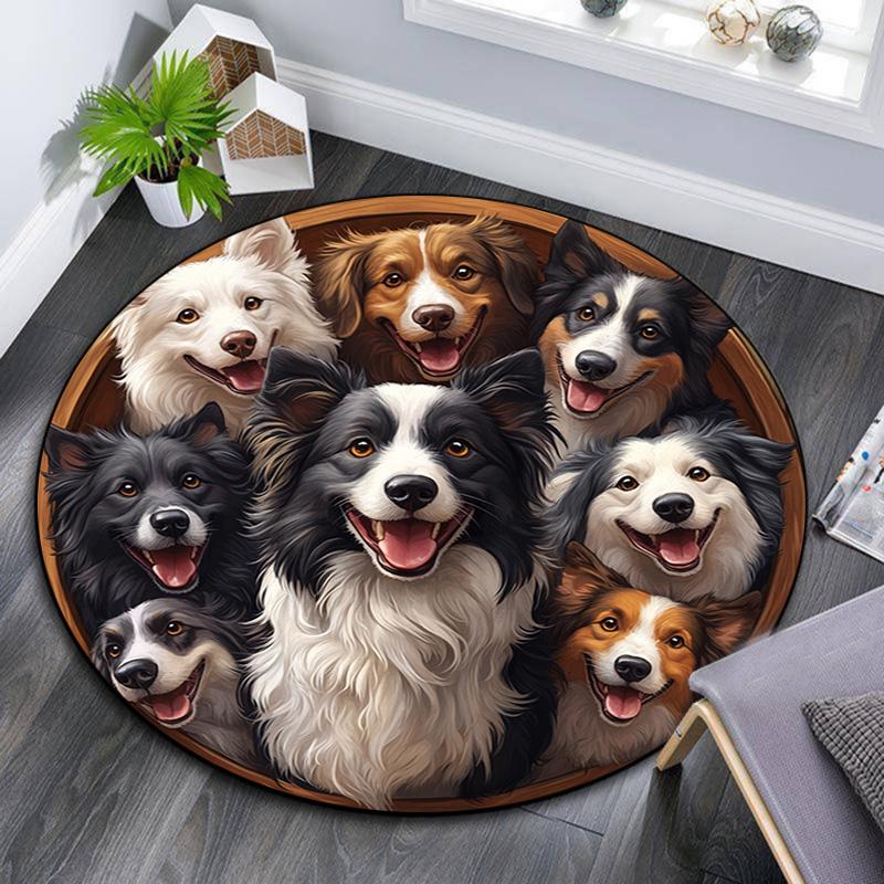Border Collies Runder Teppich, Teppich für Wohnzimmer Schlafzimmer Sofa Spielzimmer Dekor, Rutschfeste Bodenmatte