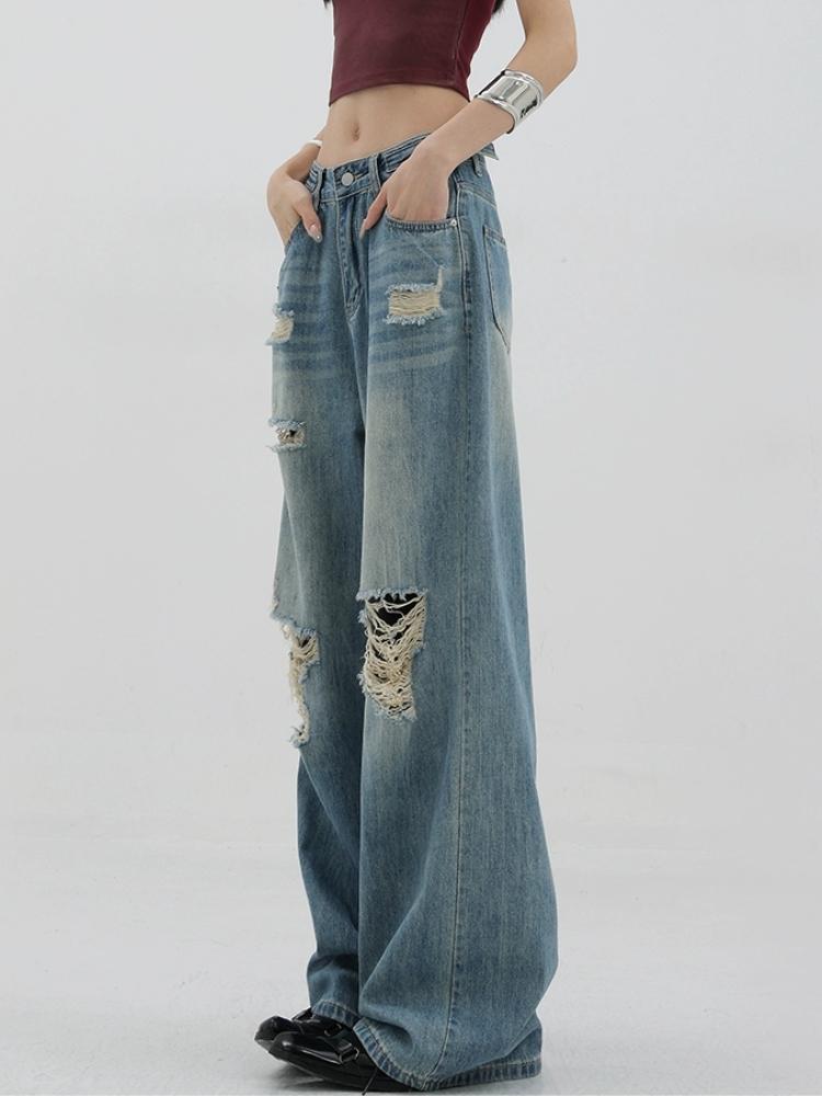 

Американские синие потертые винтажные джинсы женские 90-х годов в стиле ретро с дырками Y2k широкие брюки уличная одежда элегантные драпированные брюки для мытья полов летние 2XL синий