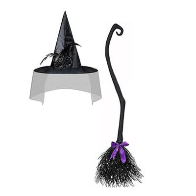 Hexenbesen- und Hexenhut-Set, Halloween-Hexen-Cosplay-Set, spitze Hexenhüte, Hexenbesenstiel, fliegender Besenstiel