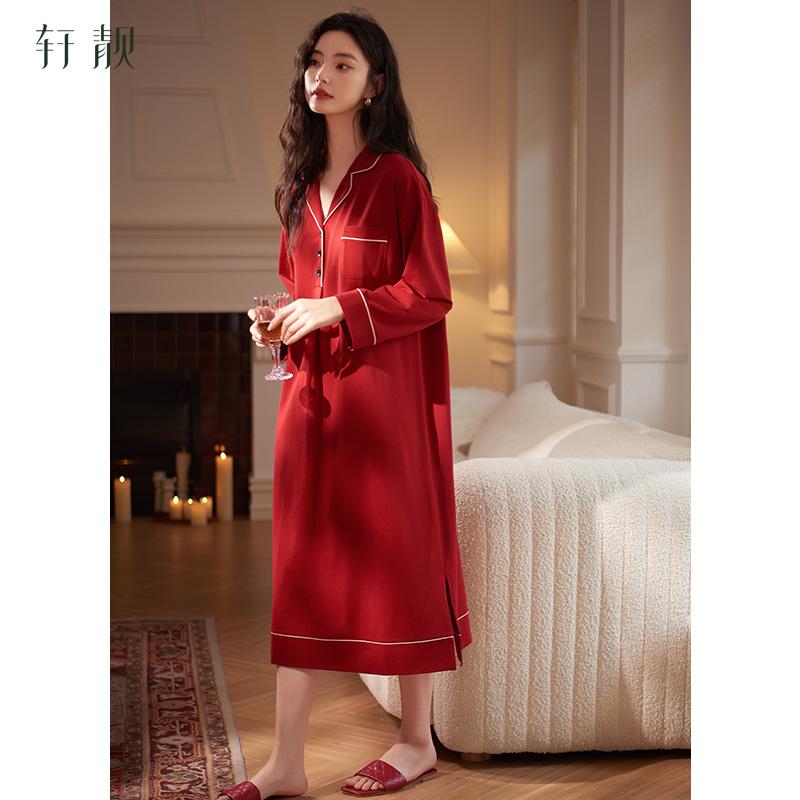 Xuan Liang Modal Cotton Couple Red Sleeping Skirt Women's Morning Robe Spring and Autumn Thin Long Sleeve Wedding Pajama Men's Set