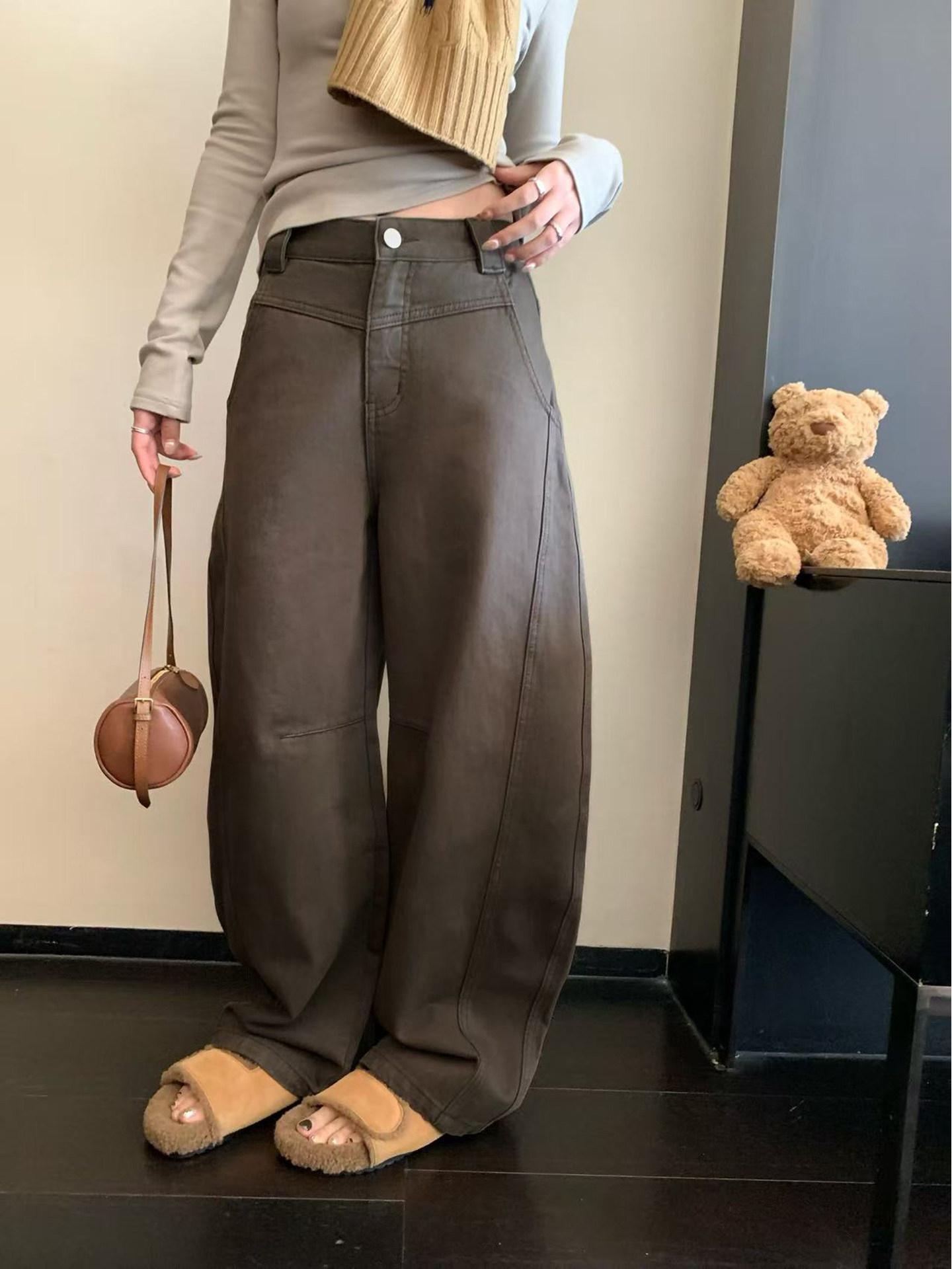 

Loose Fit Patchwork Fluffy Wide-Leg Jeans for Women - Autumn/Winter Stylish Curved Hem Pants XS