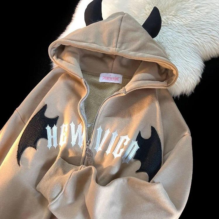 Women Gothic Embroidered Zip Up Hoodie Casual Loose Long Sleeve Sweatshirt Retro Couple Fashion Devil Hooded Autumn Winter