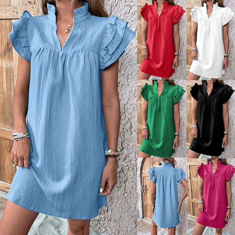 

2025 Versatile Lotus Leaf Sleeve V-neck Pullover Dress White XL