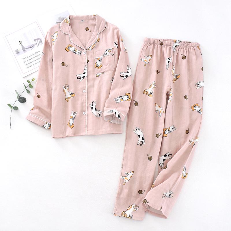 Unisex Japanischer Baumwollgaze Pyjama Set: Süße, dünne, langärmlige Homewear für alle Jahreszeiten.
